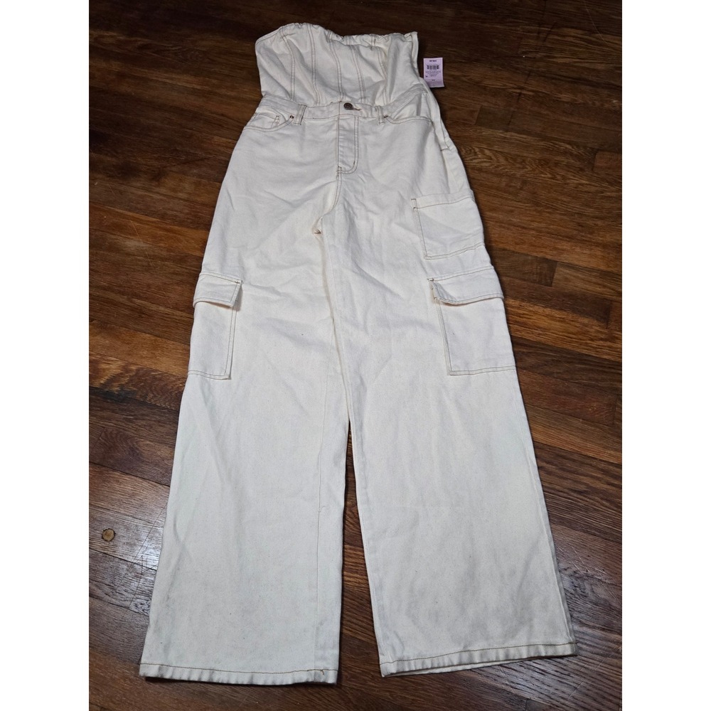 Wild Fable Cream Strapless Denim Cargo Jumpsuit Wide Leg XS NWT